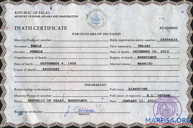 Blank Palau death certificate PSD template